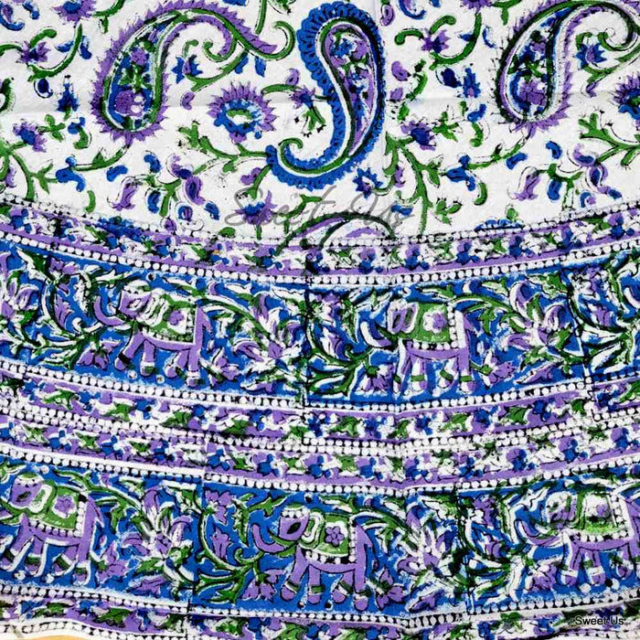 Block Print Tablecloth Round, Floral Paisley Elephants in Blue, Green, Purple - Sweet Us