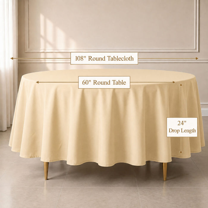 Beige 108" round tablecloth on a 60" round table, durable and stain-resistant.