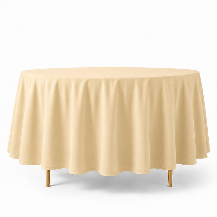 Beige round tablecloth, 108 inches, durable and stain-resistant.