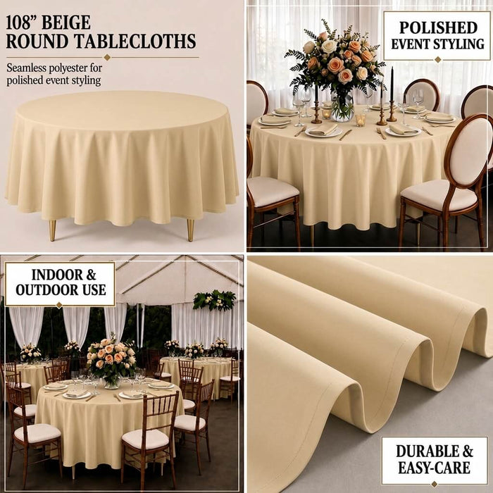 Beige round tablecloth for polished event styling and easy maintenance.