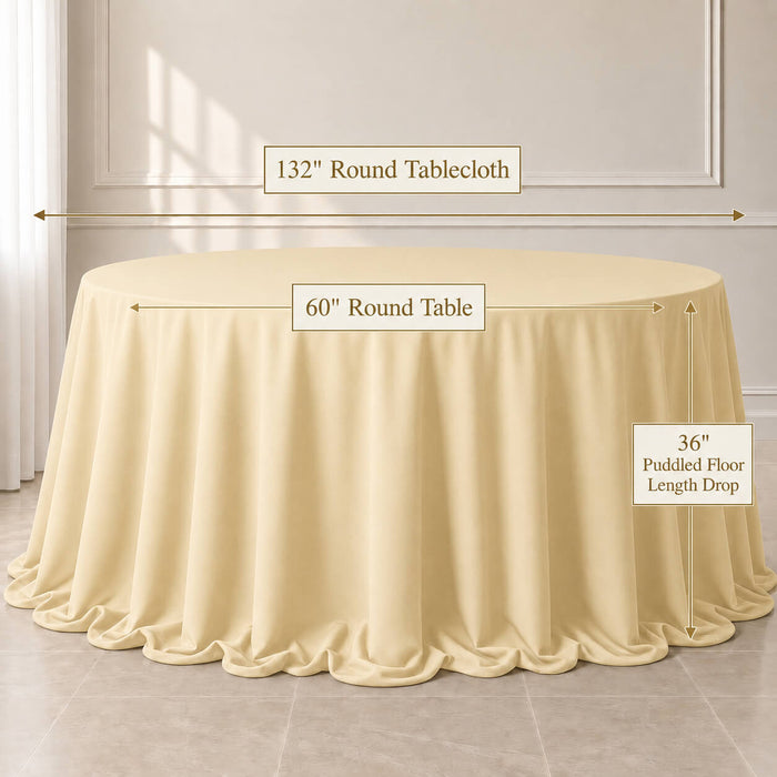 Beige polyester round tablecloth with seamless finish for elegant table settings.