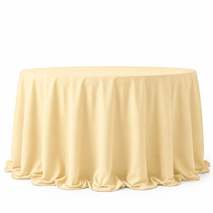 Beige polyester round tablecloth with a seamless finish.