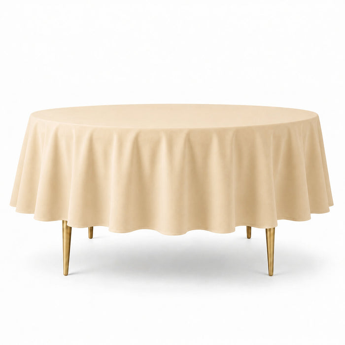 Beige polyester round tablecloth, reusable and durable, perfect for any occasion.