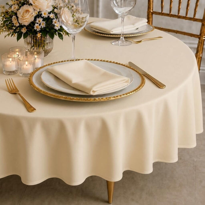 Beige polyester round tablecloth on a dining table setting.