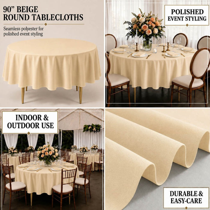 90" Beige polyester round tablecloth for indoor and outdoor events.