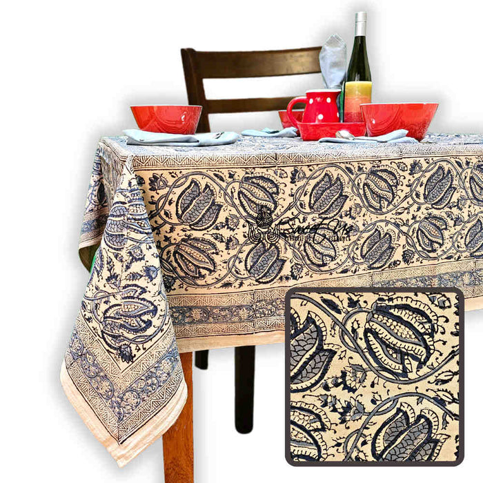 Cotton Vegetable Dye Hand Block Print Tablecloth Collection, Blue - Sweet Us