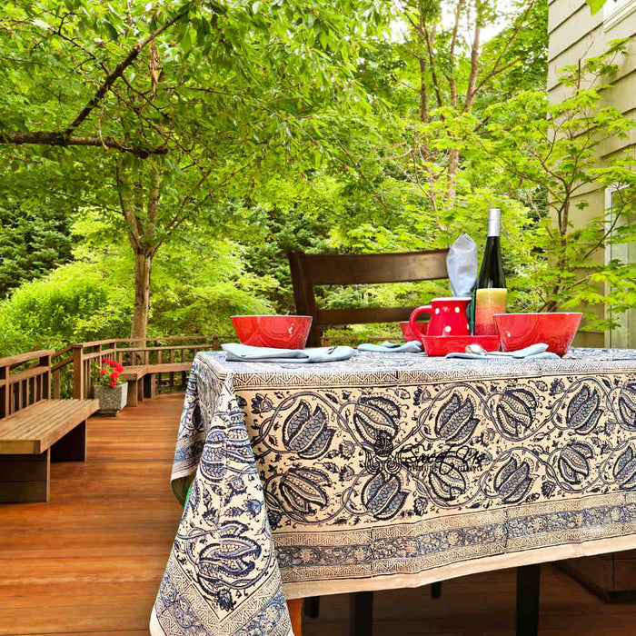 Cotton Vegetable Dye Hand Block Print Tablecloth Collection, Blue - Sweet Us