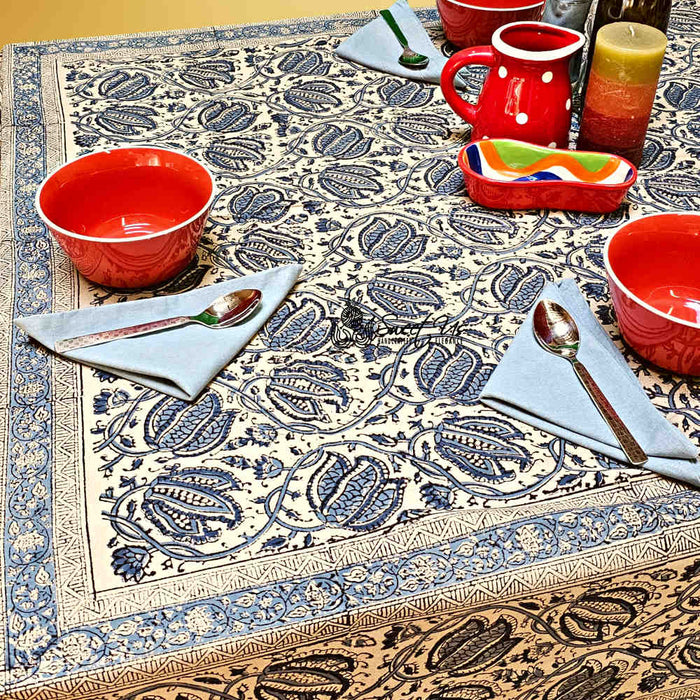 Cotton Vegetable Dye Hand Block Print Tablecloth Collection, Blue - Sweet Us
