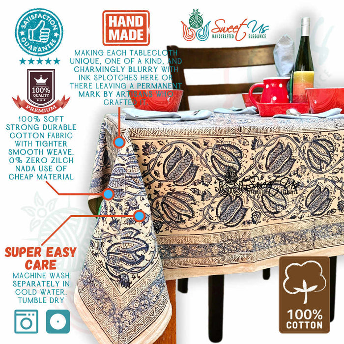Cotton Vegetable Dye Hand Block Print Tablecloth Collection, Blue - Sweet Us