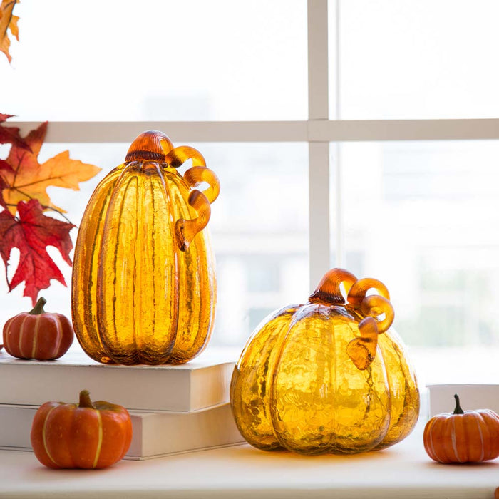 S/2 Hand Blown Amber Crackle Glass Pumpkin Decor