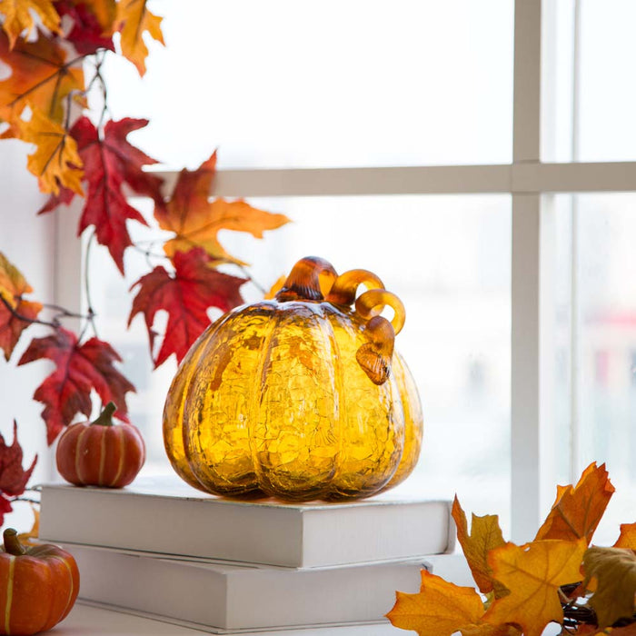 S/2 Hand Blown Amber Crackle Glass Pumpkin Decor