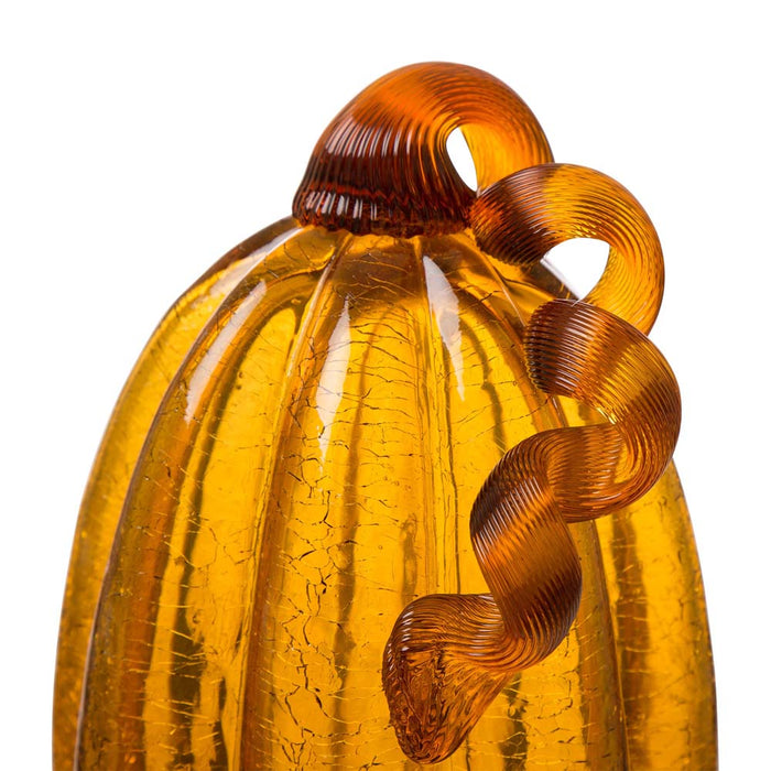 S/2 Hand Blown Amber Crackle Glass Pumpkin Decor
