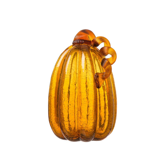 S/2 Hand Blown Amber Crackle Glass Pumpkin Decor