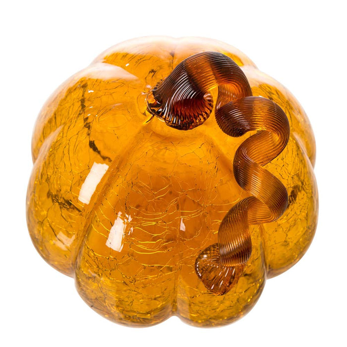 S/2 Hand Blown Amber Crackle Glass Pumpkin Decor