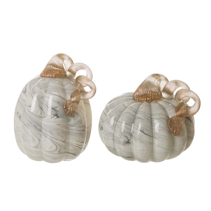 S/2 Hand Blown Gray Marbleized Glass Pumpkin Decor