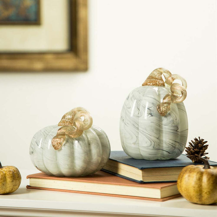 S/2 Hand Blown Gray Marbleized Glass Pumpkin Decor