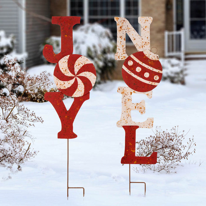 Set of 2 Rusty Metal "JOY" & "NOEL" Yard Stake or Wall Décor