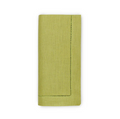 A green linen dinner napkin with hand thread drawn hemstitching on the edge, displayed on a neutral background.