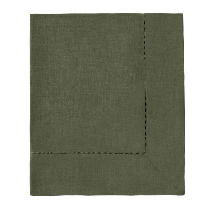 An olive green linen napkin with a folded corner and double-stitched border, displayed flat against a clean white background.