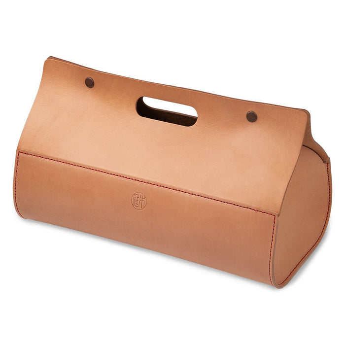 Tan undyed leather gardening Shokunin tool bag on white background