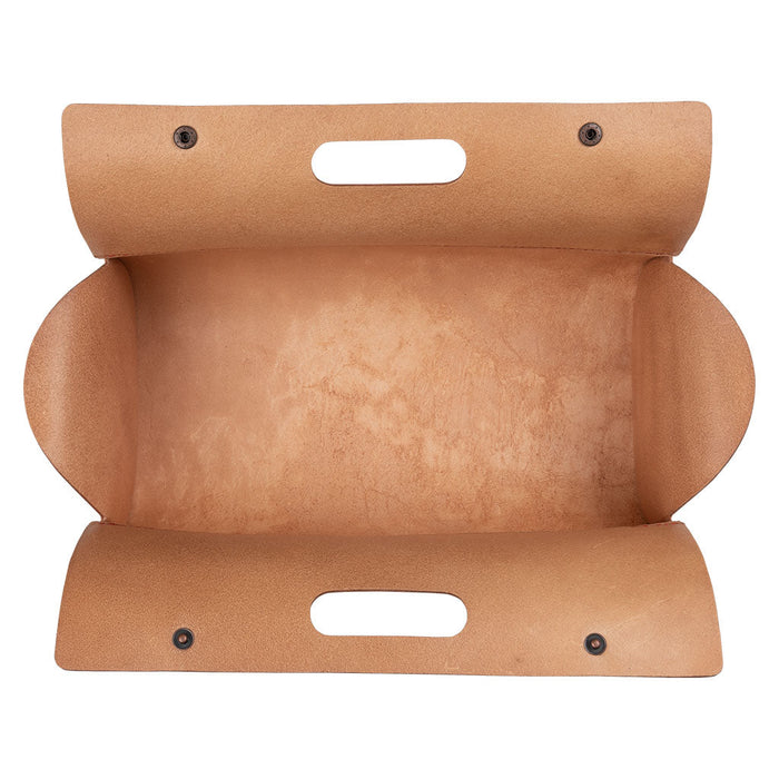Tan undyed leather gardening Shokunin tool bag open on white background