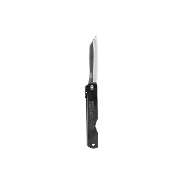 Black SK steel folding knife with a blade extended on a white background