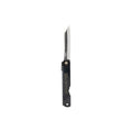 Black SK steel folding knife with a blade extended on a white background
