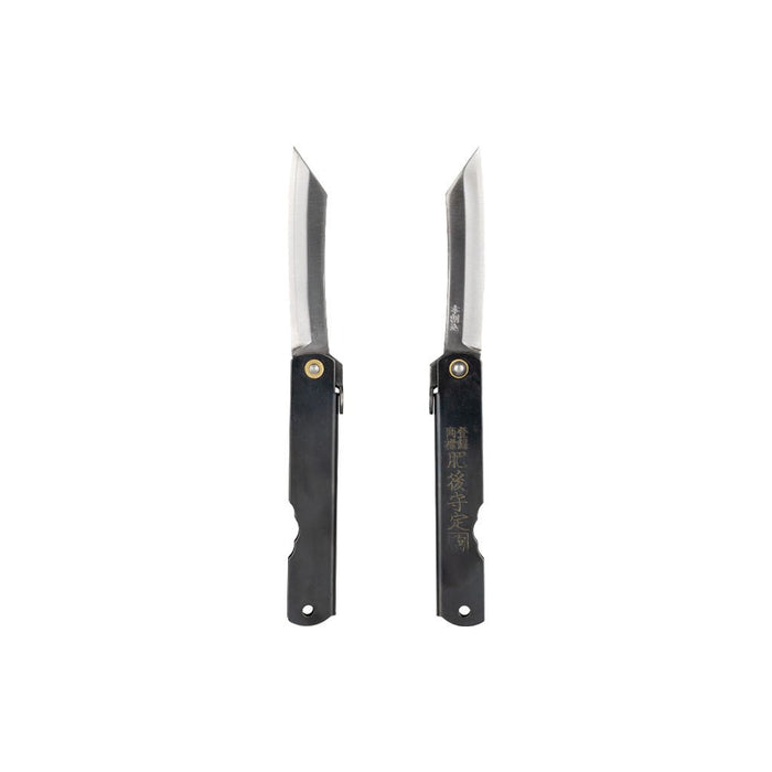 Black SK steel folding knife with a blade extended on a white background