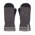 Pair of black and gray patterned mittens on a white background