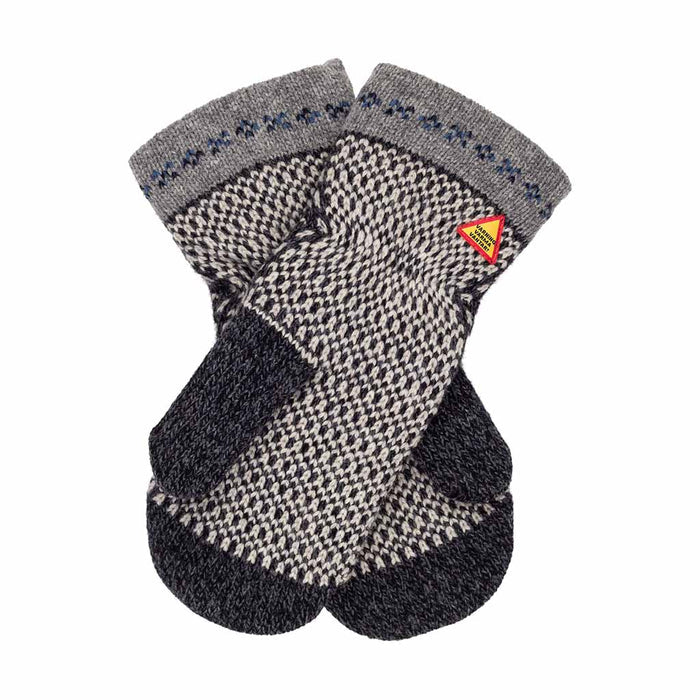 Pair of gray and black patterned mittens with a brand logo on a white background