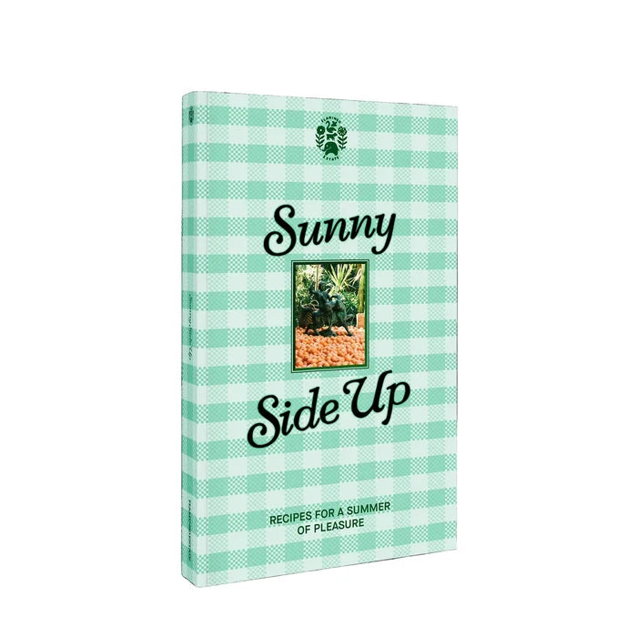 A book titled 'Sunny Side Up' with a mint green and white gingham patterned cover, featuring a small central photograph and the Flamingo estate logo at the top.