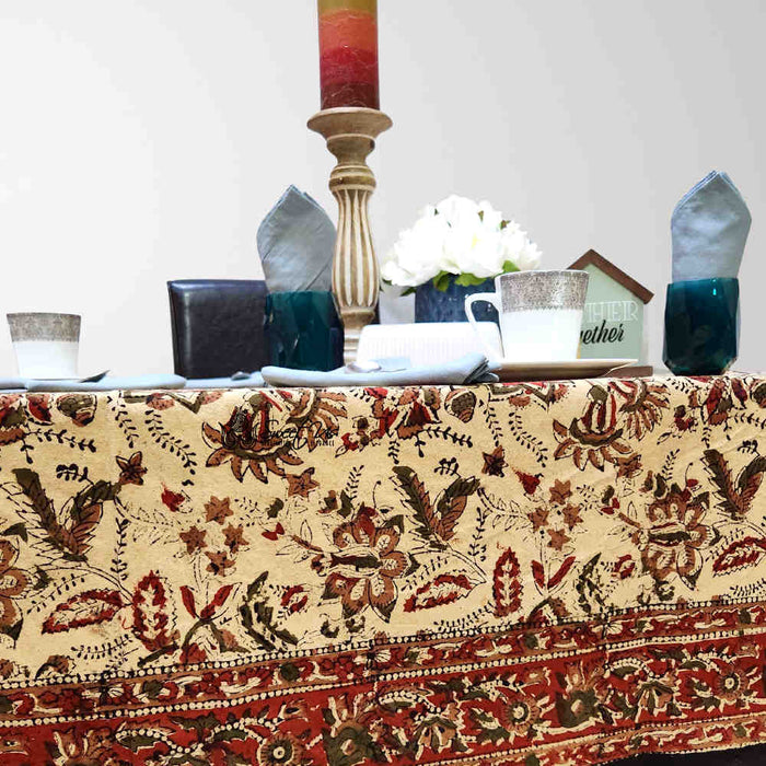 Rustic Autumn Floral Block Print Cotton Tablecloth Rectangle - Sweet Us