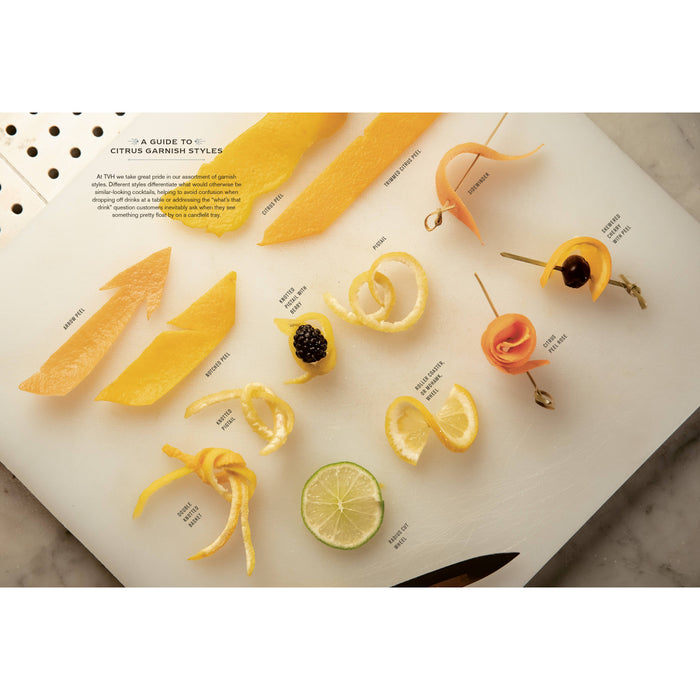 Illustration of citrus garnishes on a cutting board with text overlay.