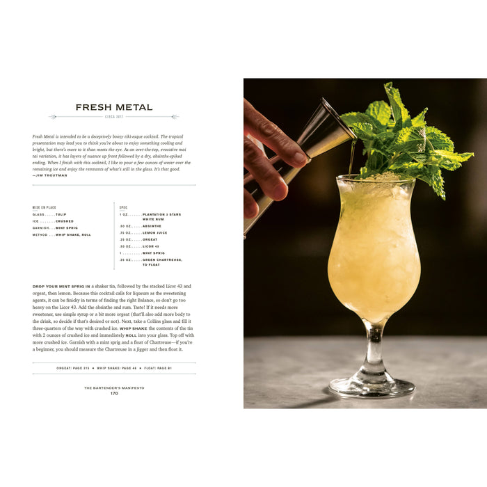 Cocktail being poured into a glass with a garnish, next to a recipe to a cocktail called "Fresh Metal" on a white background.