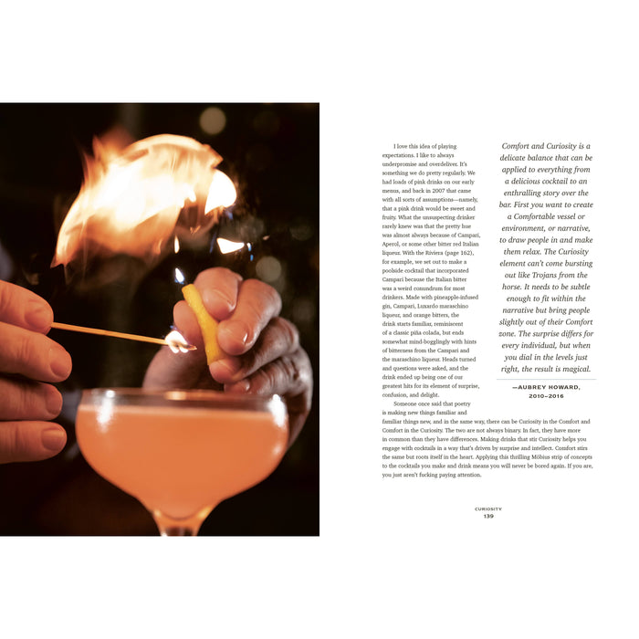 Person lighting a cocktail with a match, with text