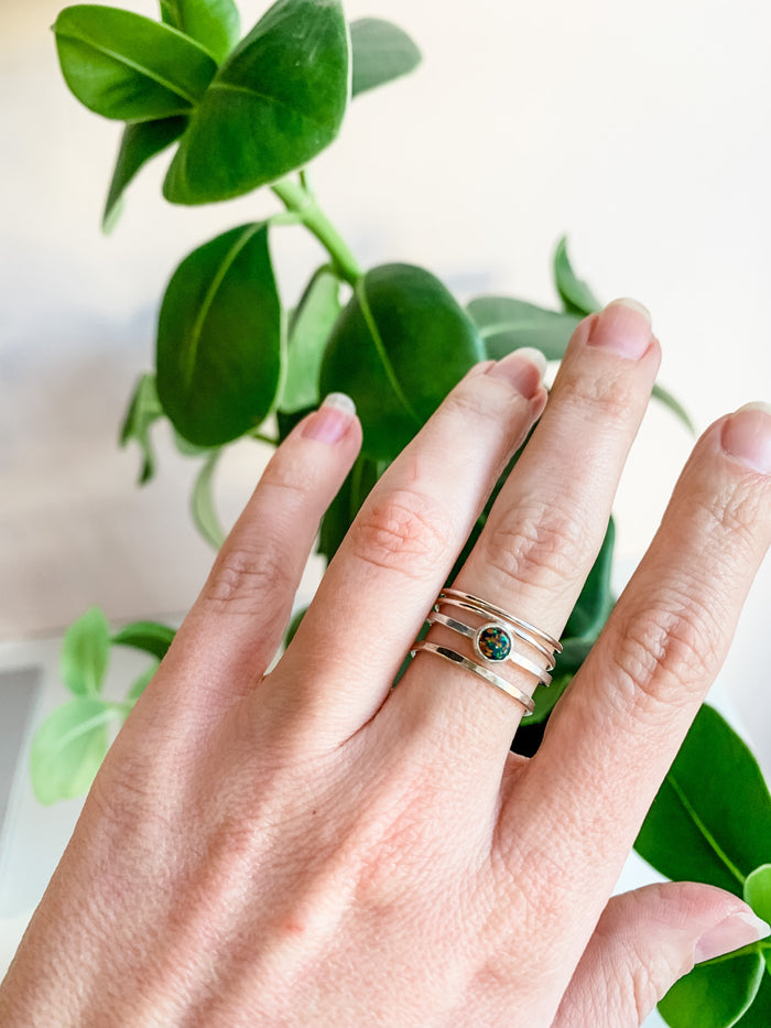Tiny Black Opal Stacker Silver Ring