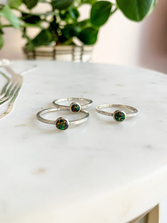 Tiny Black Opal Stacker Silver Ring