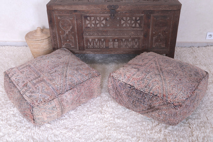 Two moroccan berber brown handmade rug pouf - kilim pouf