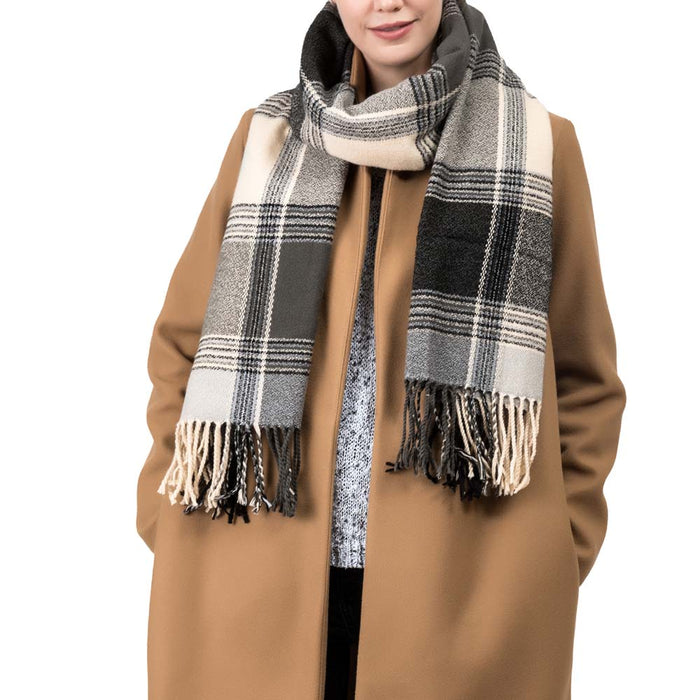 Unisex Oversized Black, White and Gray Plaid Scarf with Tassels