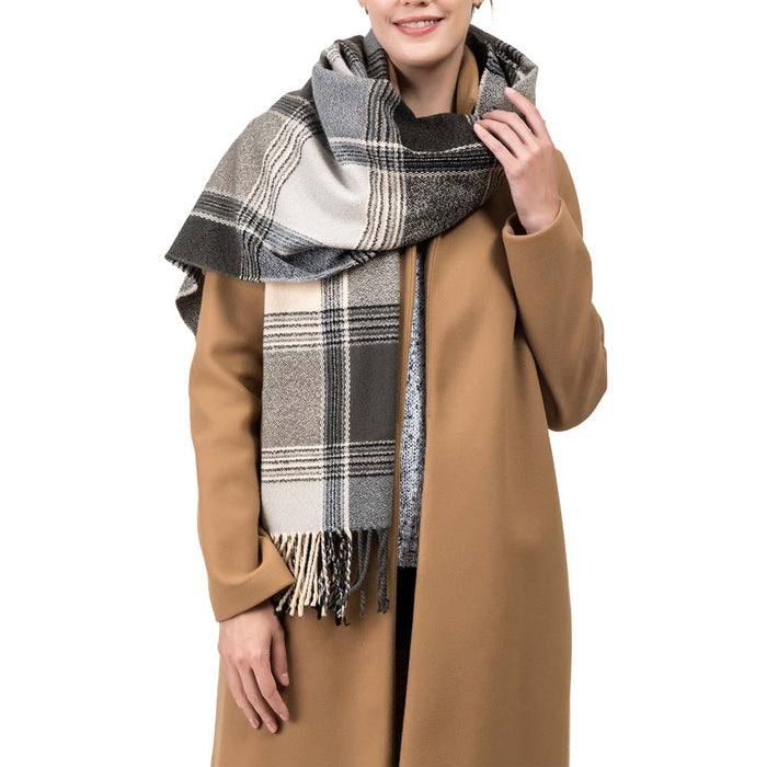 Unisex Oversized Black, White and Gray Plaid Scarf with Tassels
