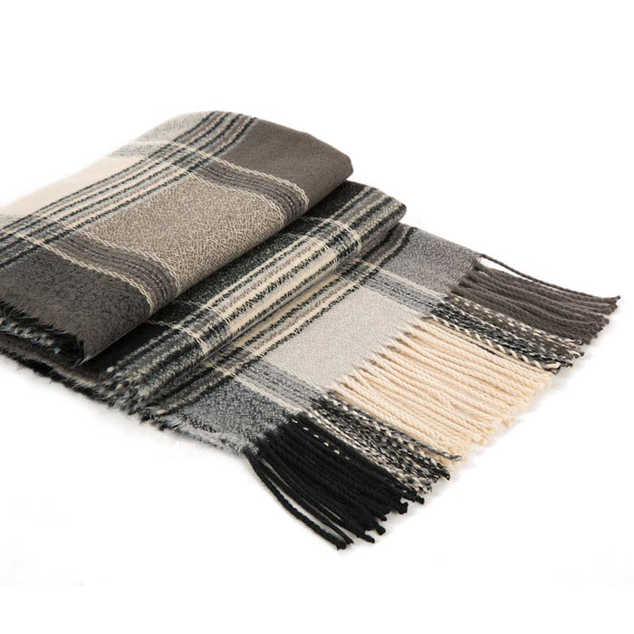 Unisex Oversized Black, White and Gray Plaid Scarf with Tassels