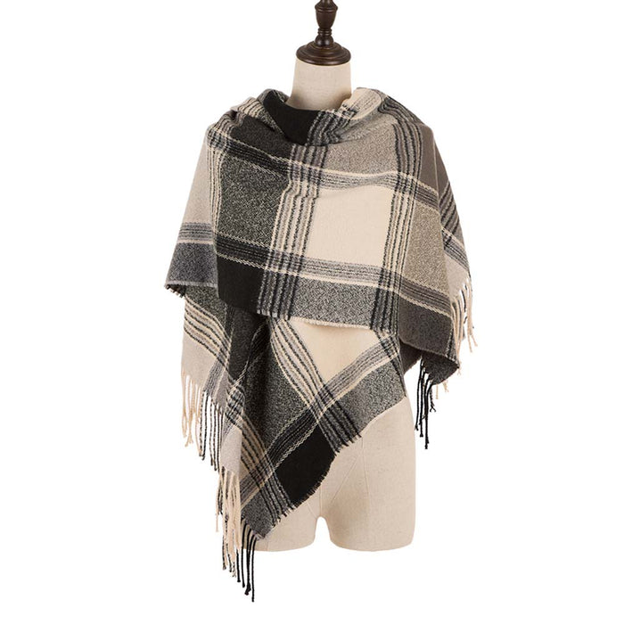 Unisex Oversized Black, White and Gray Plaid Scarf with Tassels