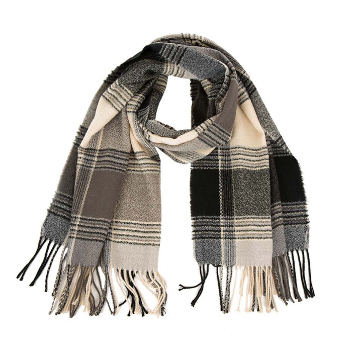 Unisex Oversized Black, White and Gray Plaid Scarf with Tassels