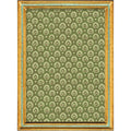 A framed art print featuring a repeating green and beige floral pattern, enclosed in a distressed gold frame with turquoise accents.