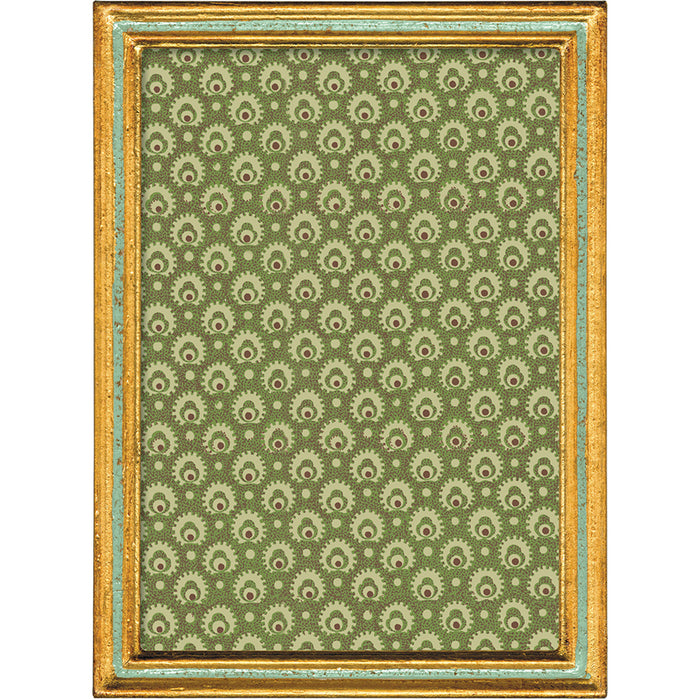 A framed art print featuring a repeating green and beige floral pattern, enclosed in a distressed gold frame with turquoise accents.
