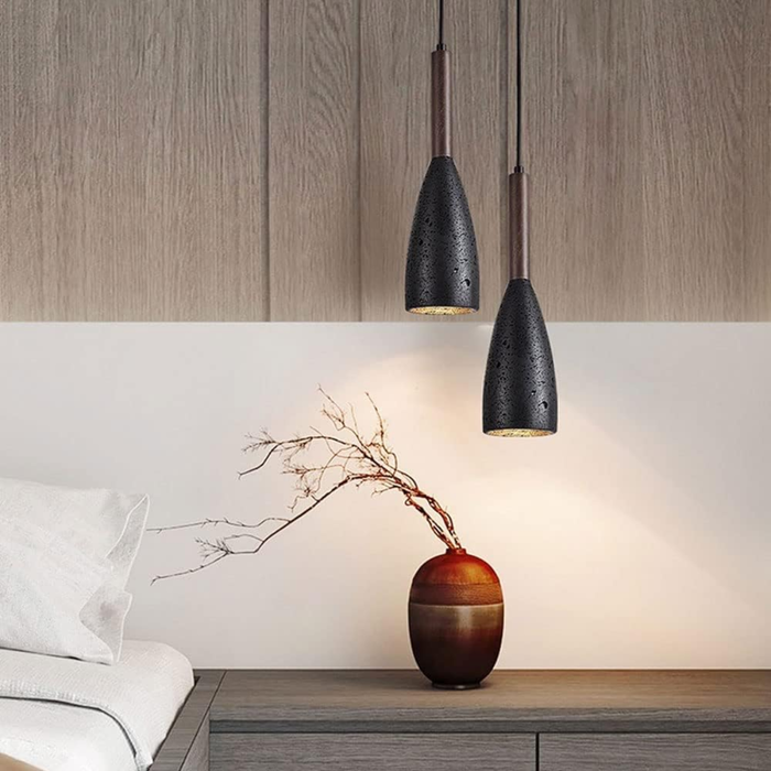 Vellora Travertine Drop Pendant Light Black - lifestyle, two pendants above a nightstand