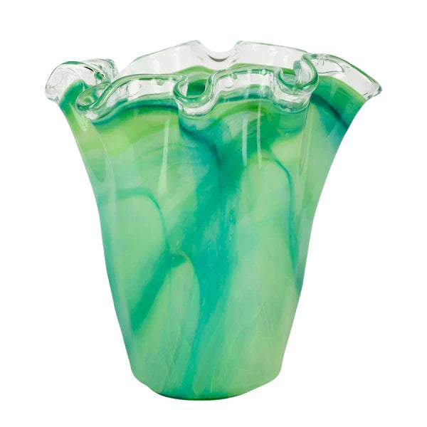 Green and clear glass vase with wavy rim on a white background