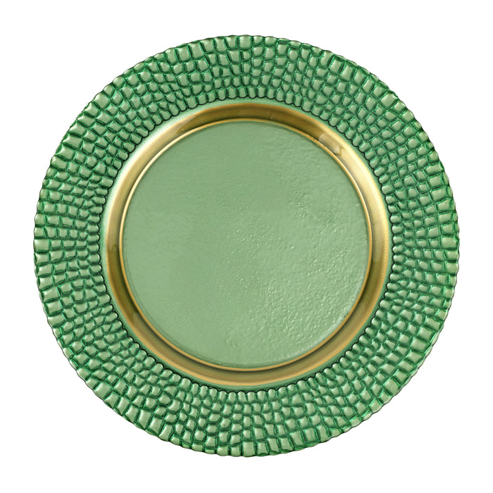 Green ceramic plate with textured rim and gold accent