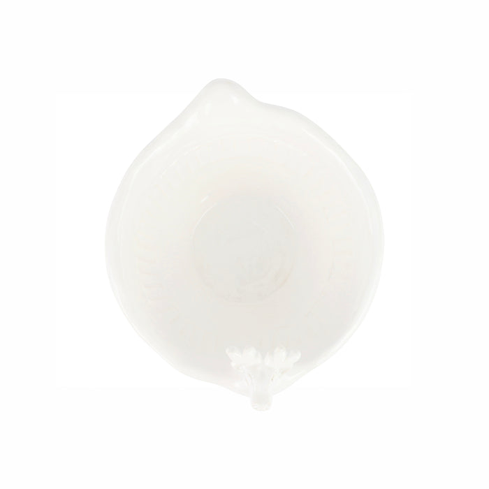 top view of white ceramic reindeer bowl on a white background