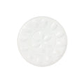 A round white ceramic plate with a raised floral pattern in the center and petal-like indentations around the rim, shown on a plain white background.